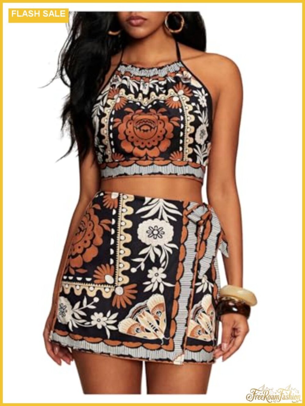 Women's 2 Piece Summer Vacation Outfits Tie Back Halter Crop Top & Wrap Shorts